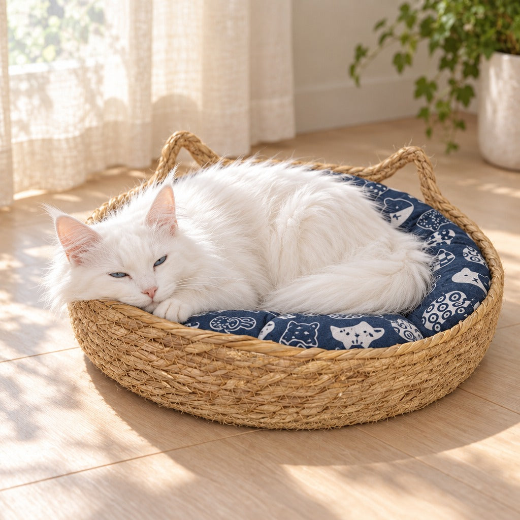 Chat angora turc blanc assoupi dans la corbeille tressée, sur son coussin bleu marine imprimé chats et poissons, près d'une fenêtre.