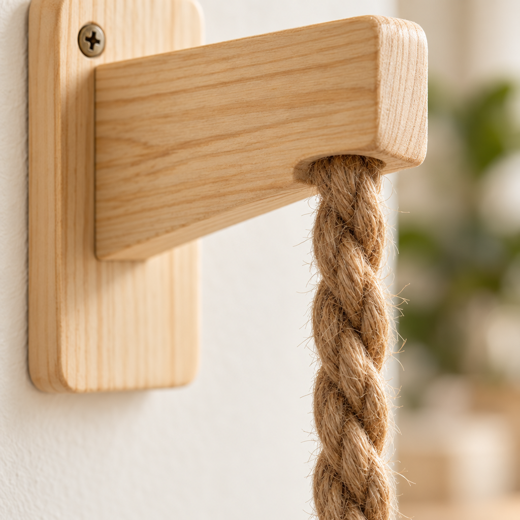 Détail de la platine en pin et du jute à trois torons tordus de la Corde à Grimper Achille
