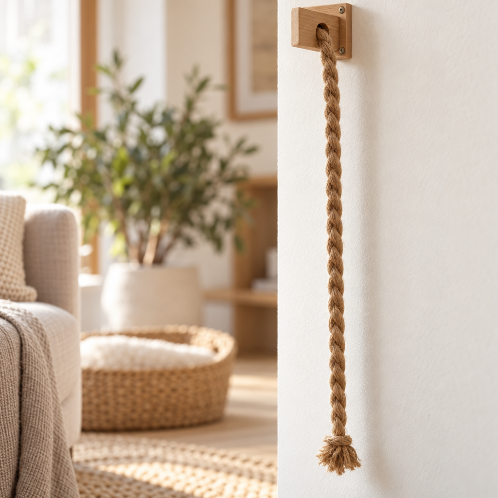 Corde à Grimper Achille fixée au mur d'un salon clair, le sol reste entièrement libre