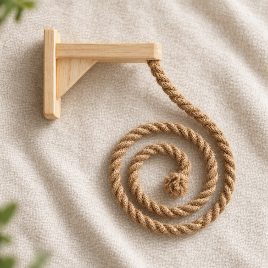 Platine en pin de la Corde à Grimper Achille et corde en jute enroulée en spirale sur un lin clair