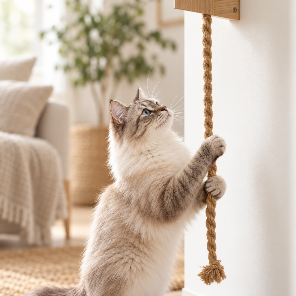 Chat dressé contre le mur, une patte agrippée à la Corde à Grimper Achille