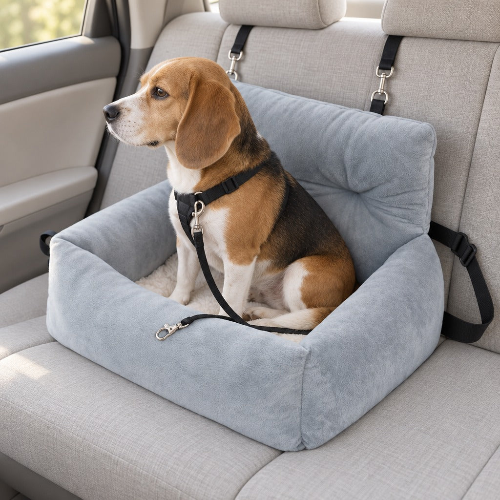 Beagle assis de profil dans le couchage auto rehaussé gris perle posé sur la banquette arrière.