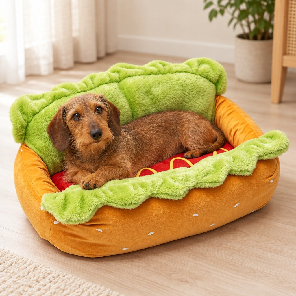 Un teckel à poil dur roux couché sur le ventre dans la banquette hot dog, coloris pain, salade et saucisse, posée sur un parquet clair.