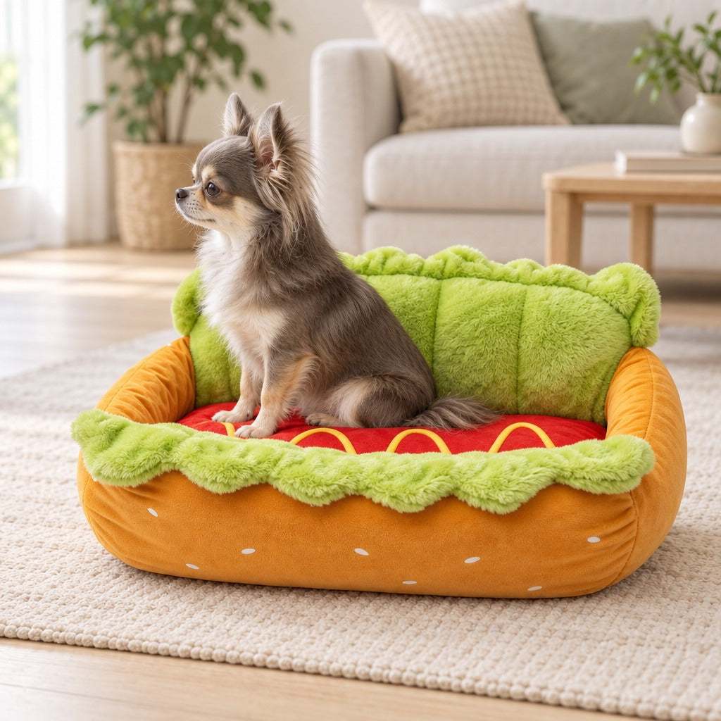 Un chihuahua à poil long gris assis de profil dans la banquette hot dog, coloris pain, salade et saucisse, au milieu d'un salon lumineux.
