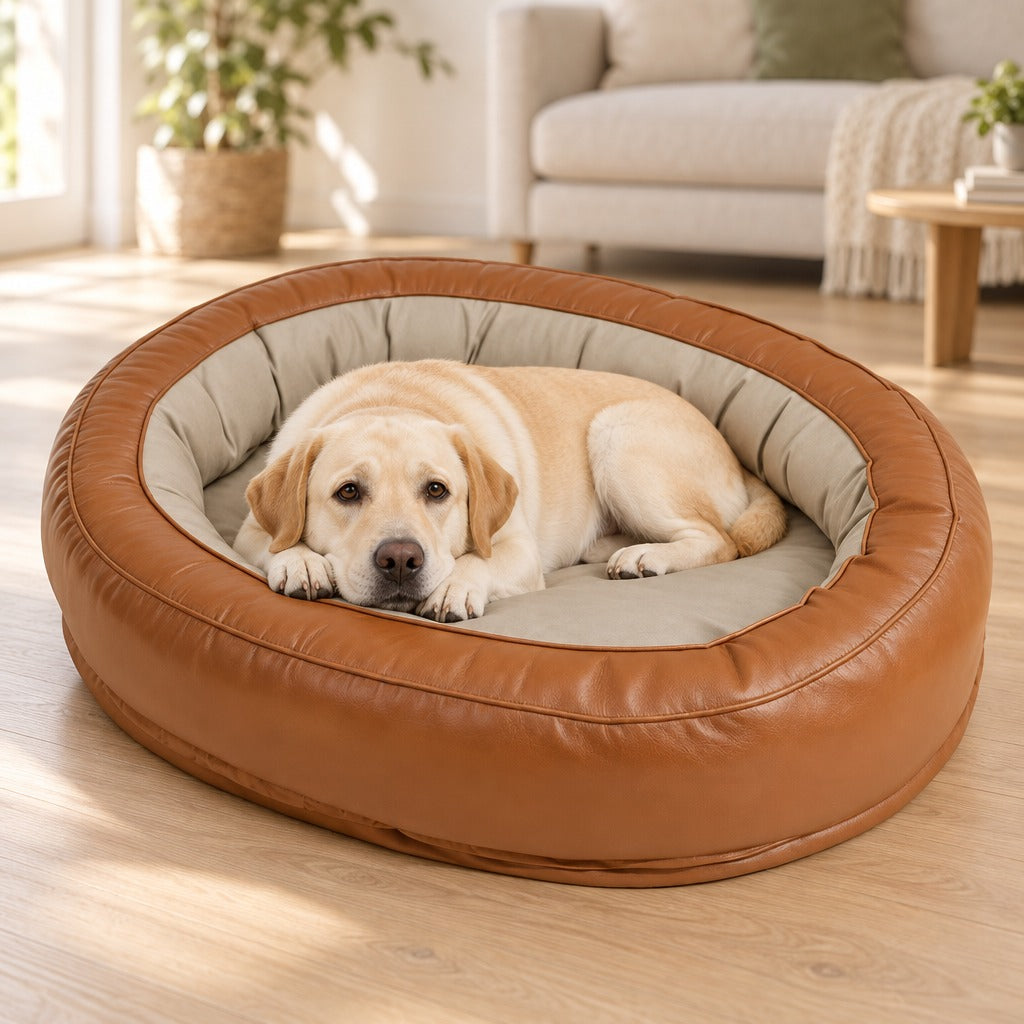 Un labrador sable couché, le menton posé sur ses pattes avant, dans le couchage ovale cognac enduit au bord continu, sur un parquet clair.