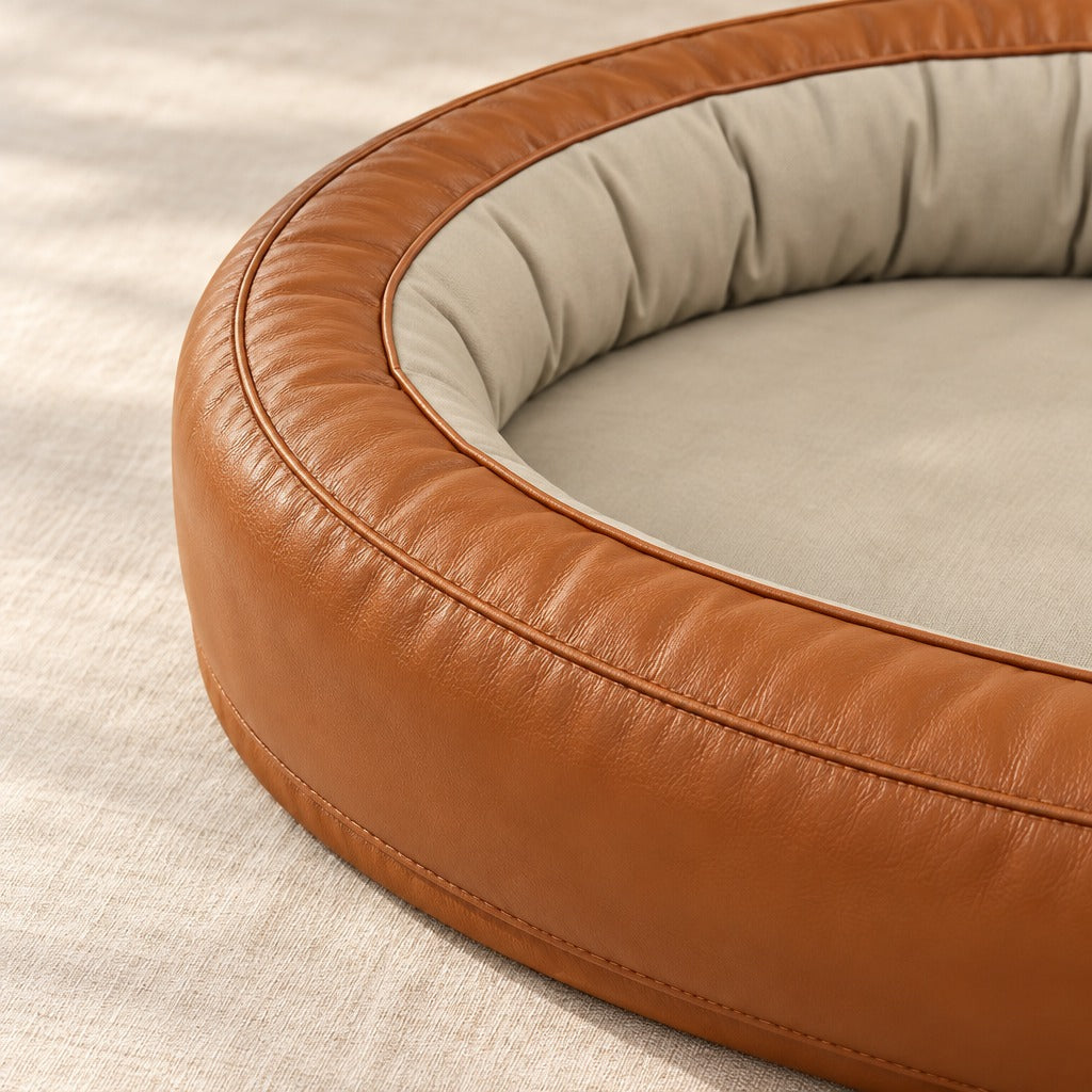 Gros plan sur la surface lisse enduite du boudin cognac, sa couture passepoilée et les fronces verticales de la face intérieure.