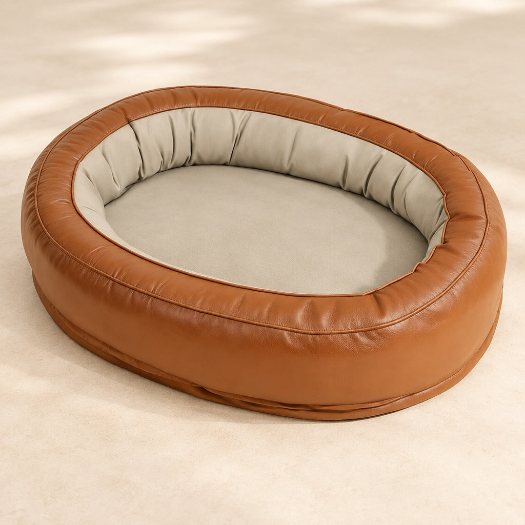 Le couchage ovale cognac enduit seul, vu de trois quarts, son boudin de hauteur constante et son couchage plat greige.