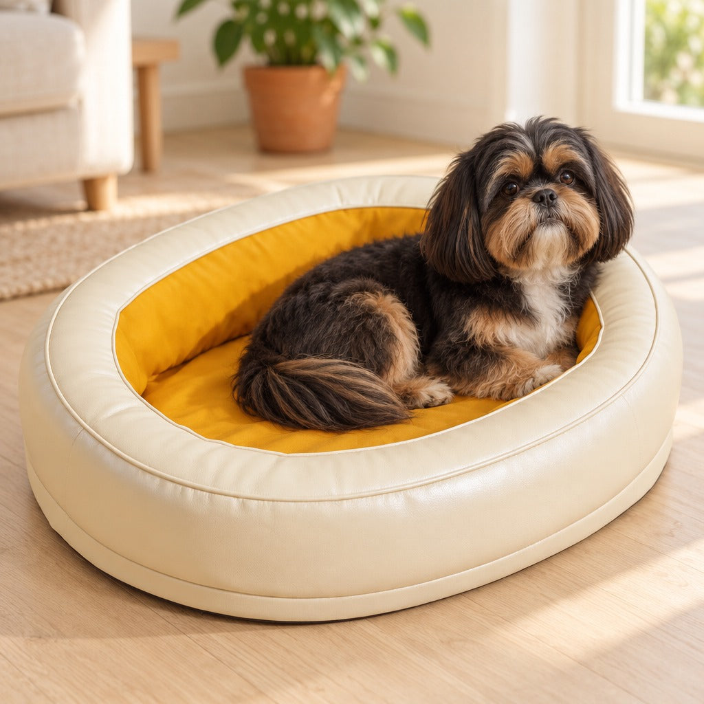 Un shih tzu noir et feu assis dans le couchage ovale ivoire enduit à intérieur moutarde, devant une fenêtre lumineuse.