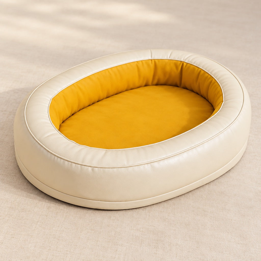 Le couchage ovale ivoire enduit seul, vu de trois quarts, son boudin continu et son couchage plat moutarde.