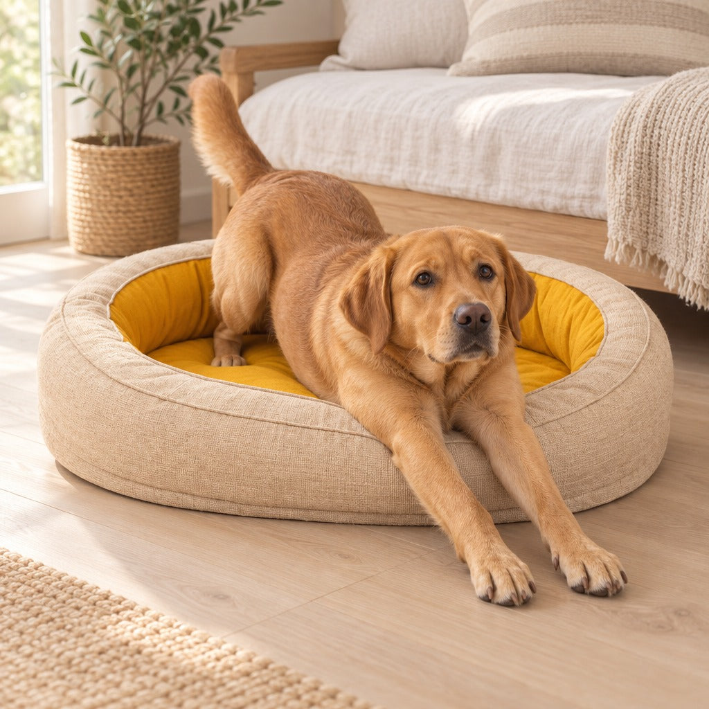 Un labrador fauve à moitié sorti, les pattes avant étirées loin devant, dans le couchage ovale sable en tissu tissé mat à intérieur moutarde.