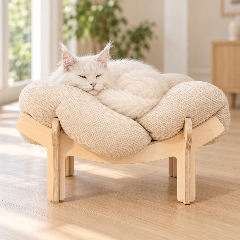 Chat blanc à poil long endormi en boule au creux du coussin à quatre lobes, posé sur son piètement en bois clair.