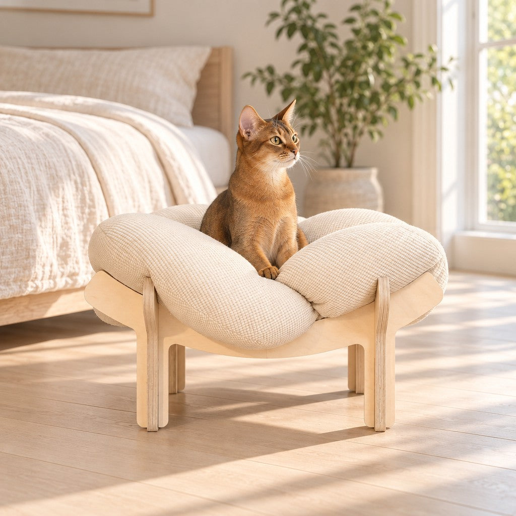 Chat roux assis bien droit au centre du coussin, le couchage surélevé sur son piètement en bois, dans une chambre claire.