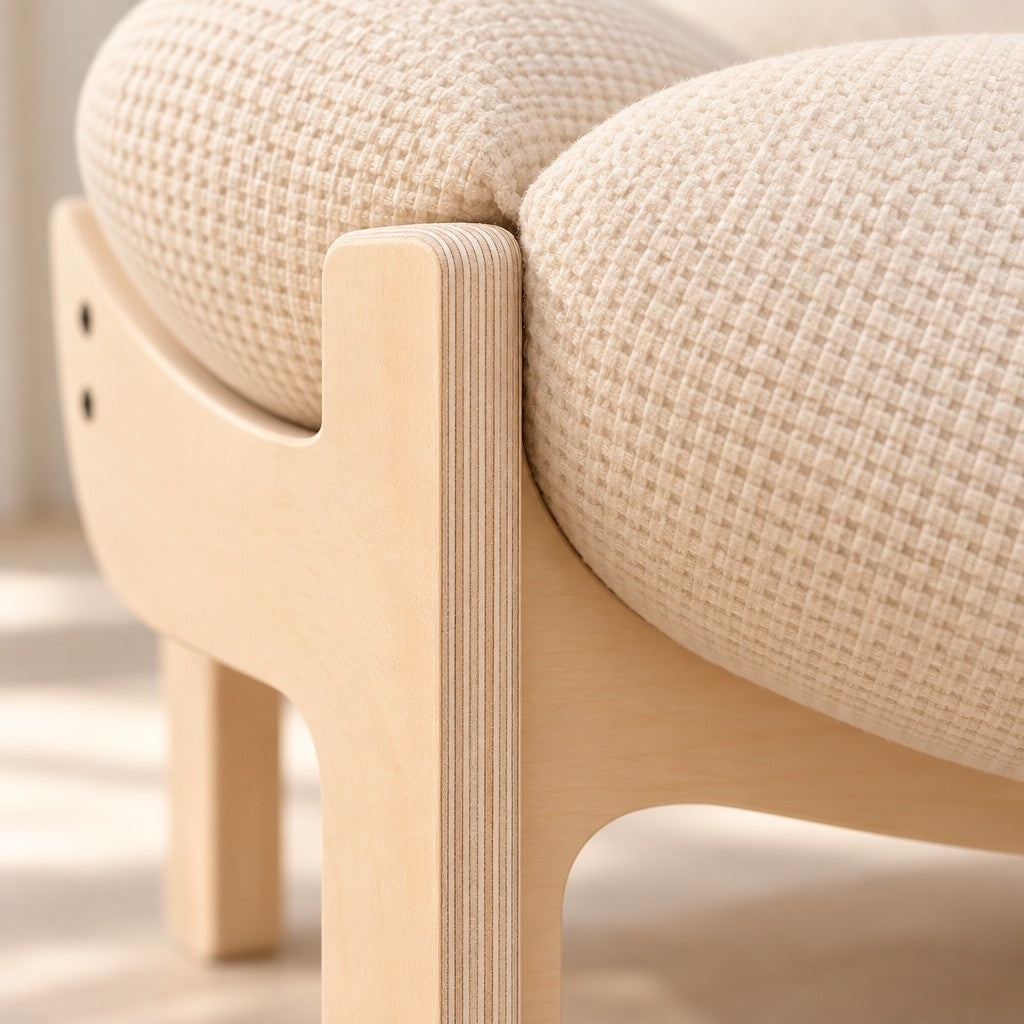 Gros plan sur un montant du piètement, les fins plis du panneau de bois lisibles sur le chant, contre le tissu gaufré du coussin.