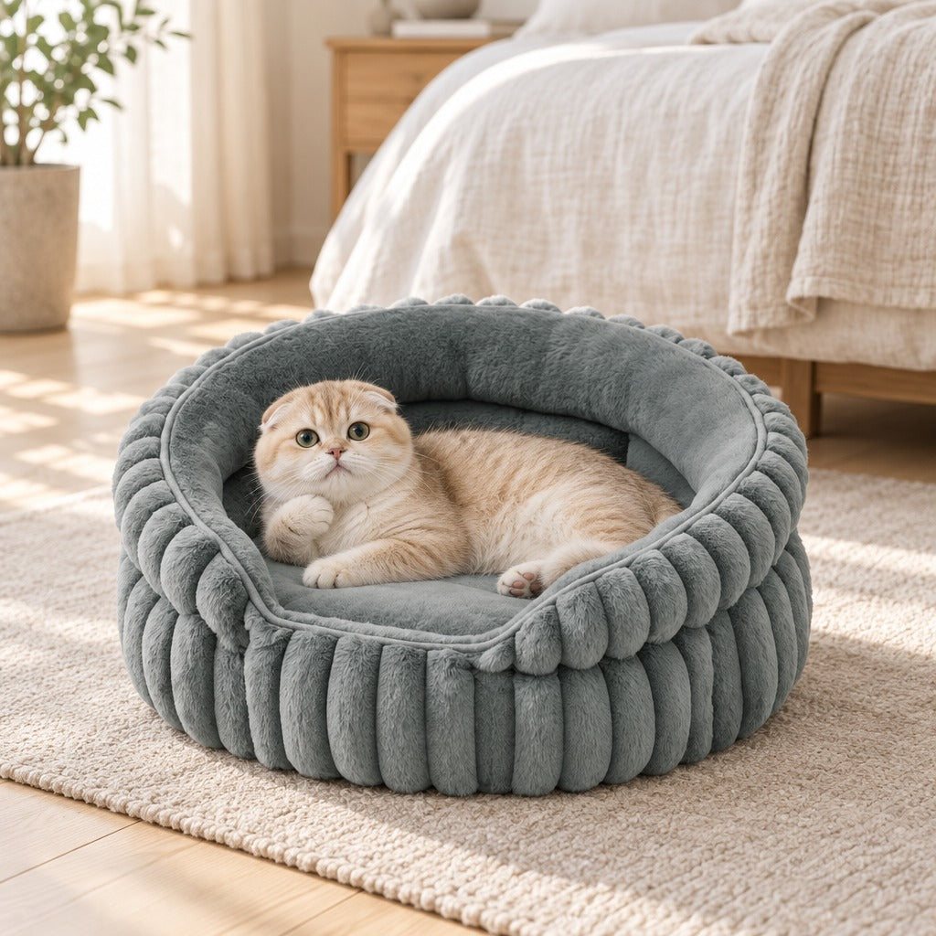 Chat crème aux oreilles pliées couché sur le côté dans le panier rond gris eucalyptus, au pied d'un lit.