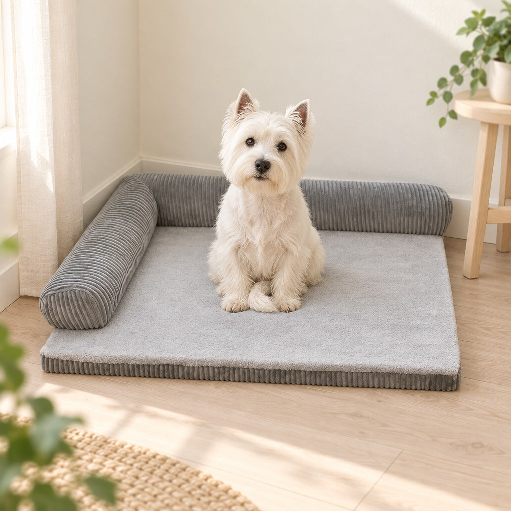 Un west highland white terrier assis bien droit sur le coussin en L gris installé dans un angle de pièce.
