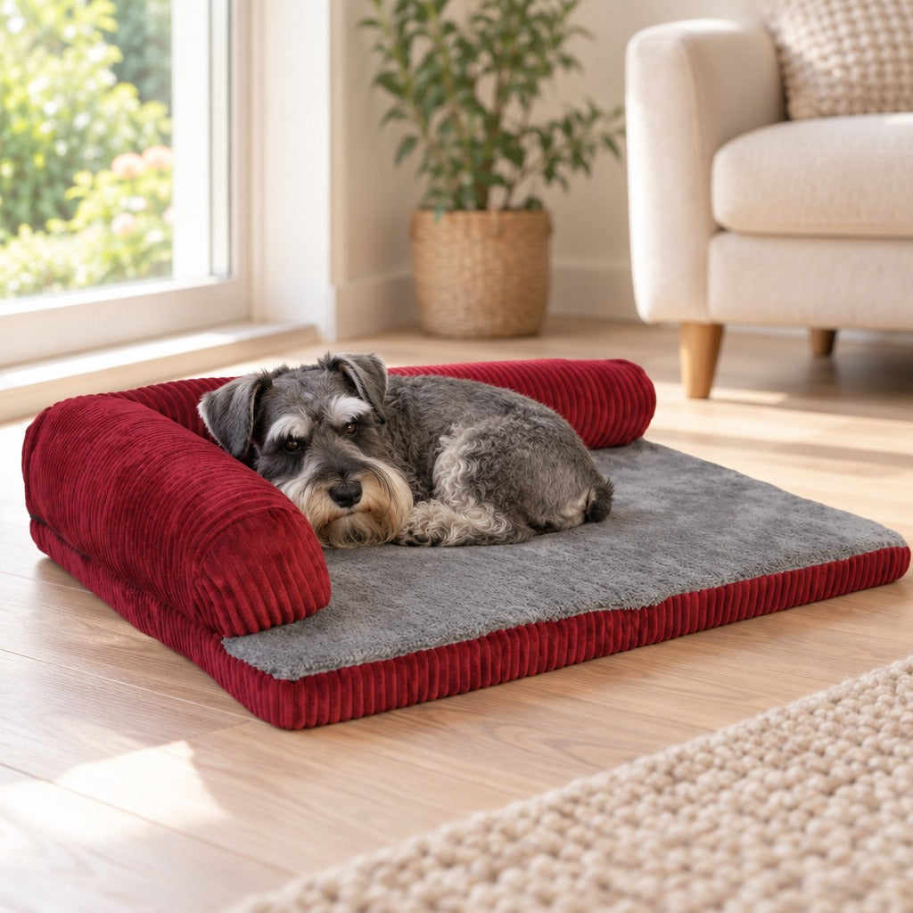 Un schnauzer nain gris roulé en boule sur le coussin en L rouge, près d'une fenêtre.