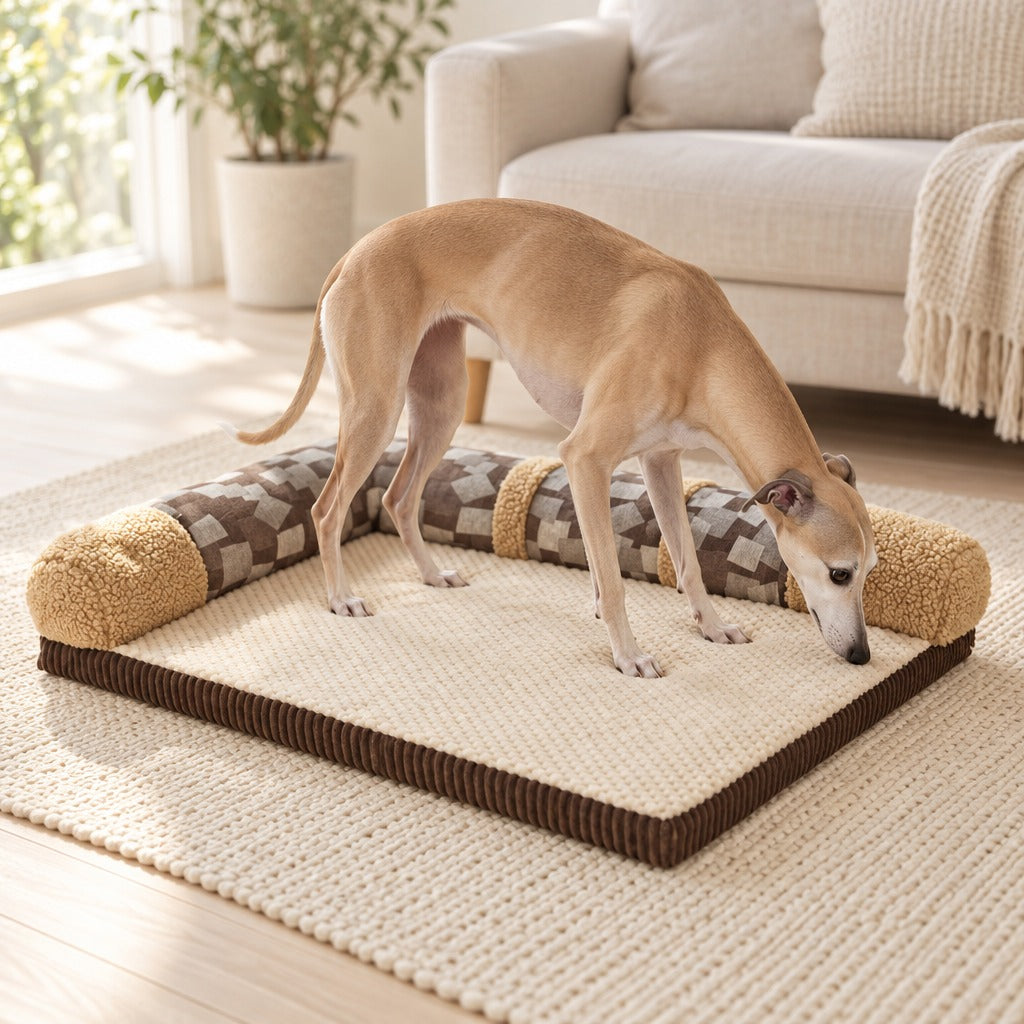 Un whippet fauve reniflant le bord du coussin en L mosaïque beige, dans un salon clair.