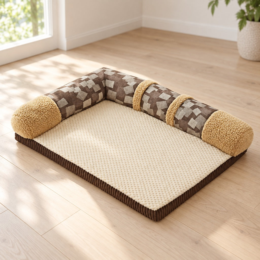 Le coussin en L mosaïque beige seul sur un parquet clair, l'angle droit du boudin bien visible.