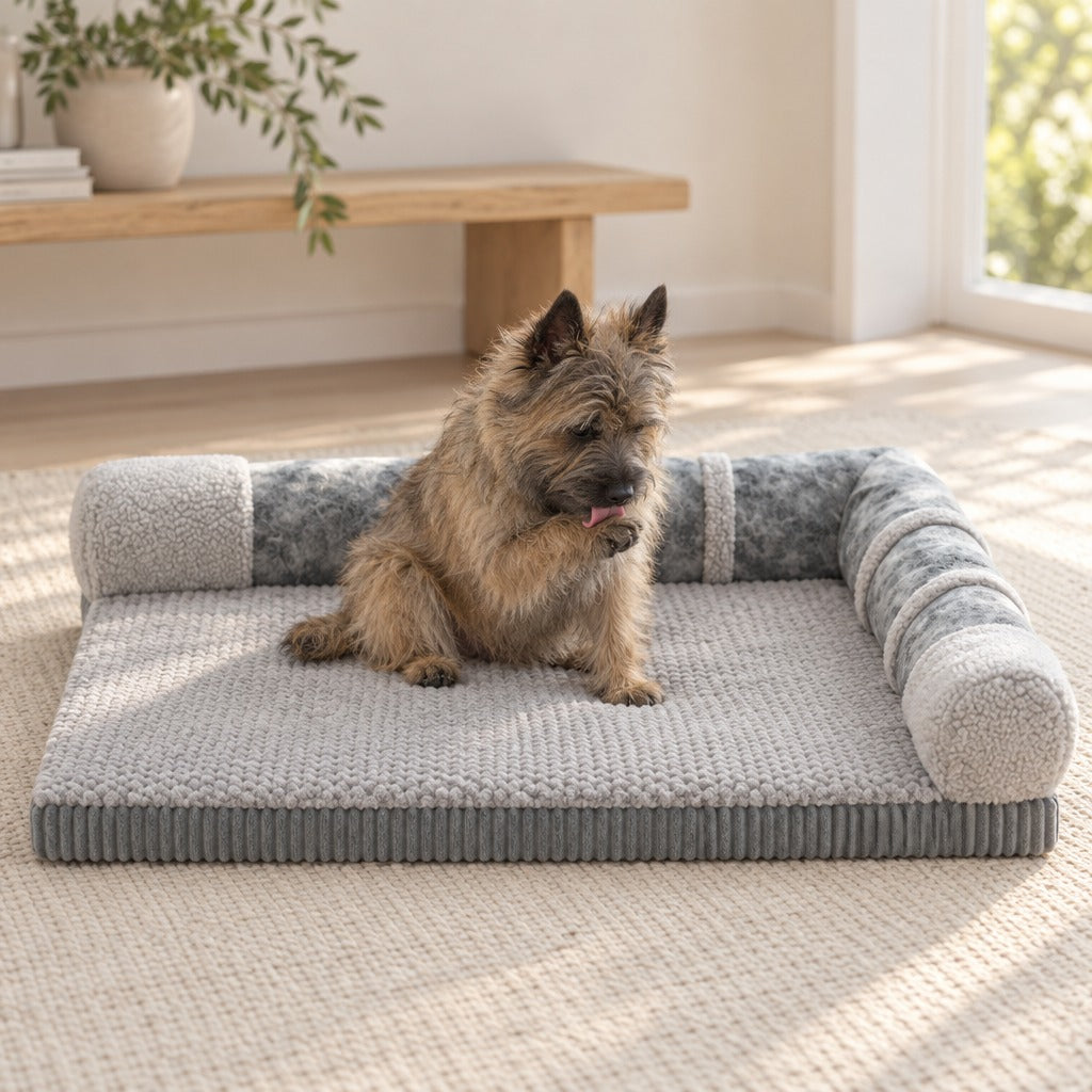 Un cairn terrier sable assis sur le coussin en L nuage gris clair, près d'un banc en bois.