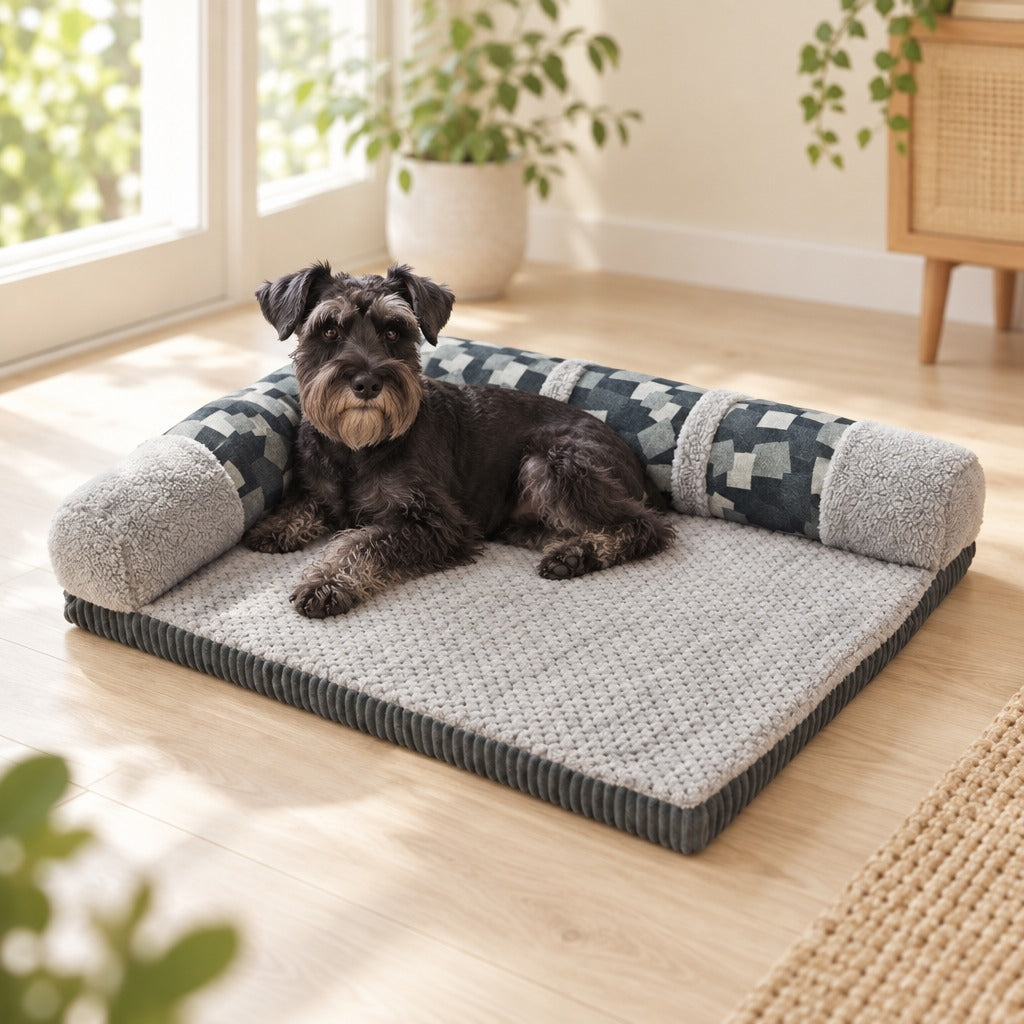 Un schnauzer nain noir couché sur le coussin en L mosaïque gris bleu, près d'une fenêtre.