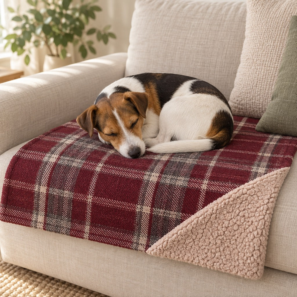 Jack Russell tricolore endormi en boule sur la couverture tartan bordeaux dépliée sur l'assise d'un canapé en lin clair.