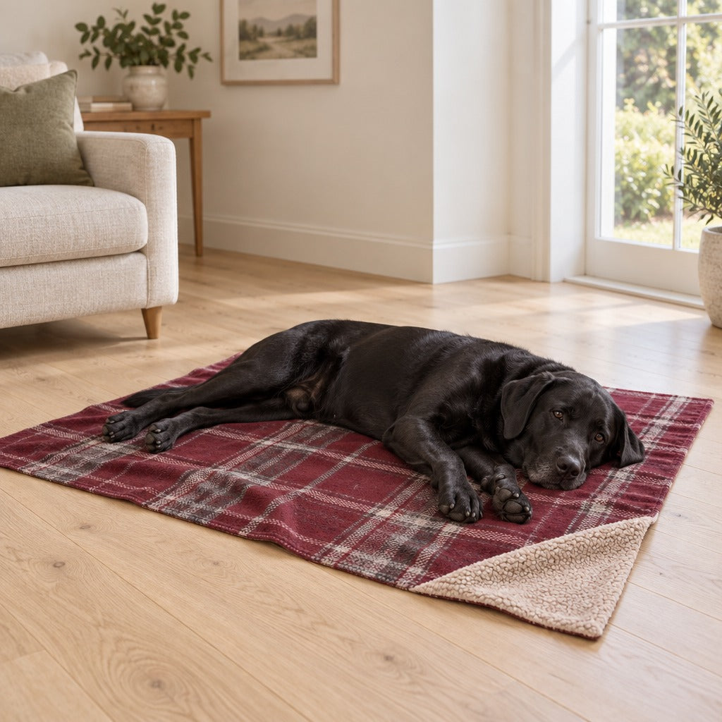 Labrador noir allongé sur la couverture tartan bordeaux posée à plat sur un parquet clair, un coin replié laissant voir la fourrure bouclée.