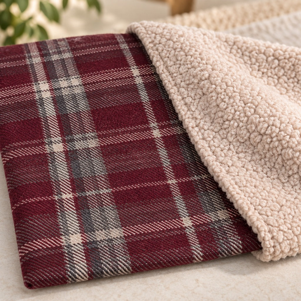 Gros plan sur la couverture pour chien en tartan bordeaux, tissage à carreaux d'un côté et fourrure bouclée beige rosé de l'autre.