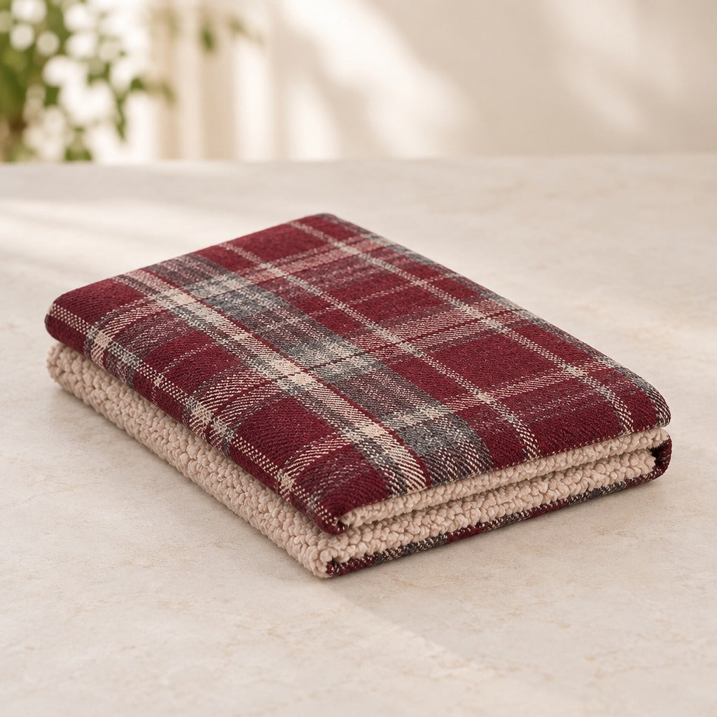 Couverture pour chien en tartan bordeaux pliée en pile plate sur un plan clair, la fourrure bouclée visible au pli.