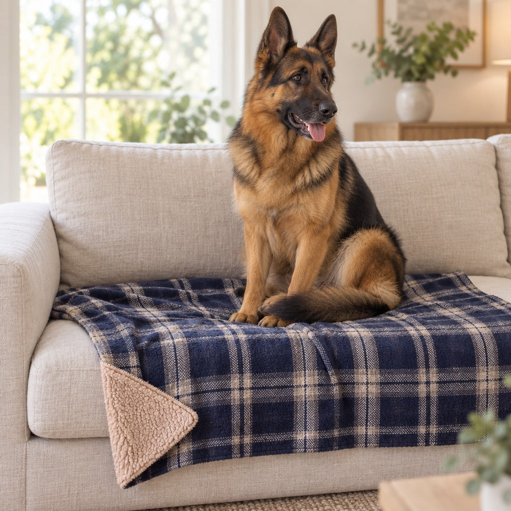 Berger allemand noir et feu assis sur la couverture tartan bleu nuit étalée sur l'assise d'un canapé en lin clair.