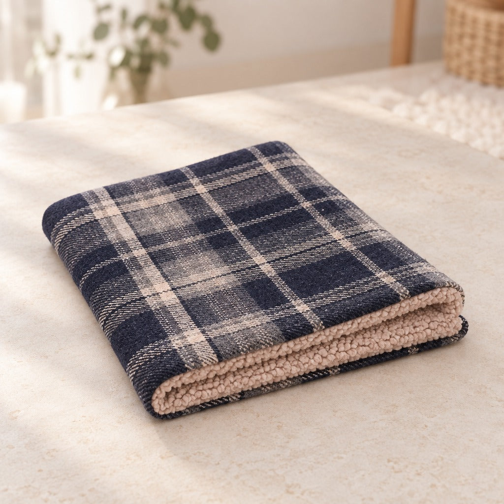 Couverture pour chien en tartan bleu nuit pliée sur un plan clair, la fourrure bouclée beige rosé visible au pli.