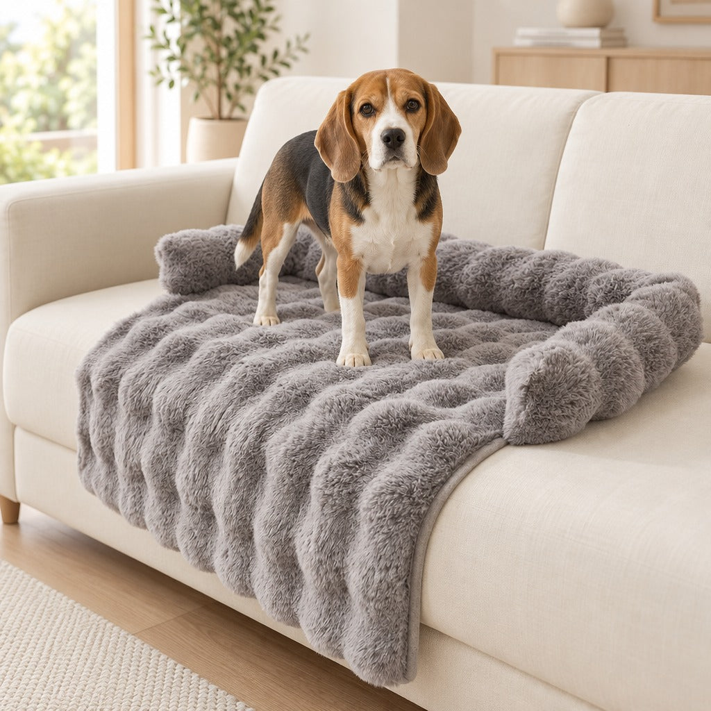 Beagle debout sur le couvre canapé gris posé sur l'assise d'un canapé crème, le pan avant retombant sur la façade.