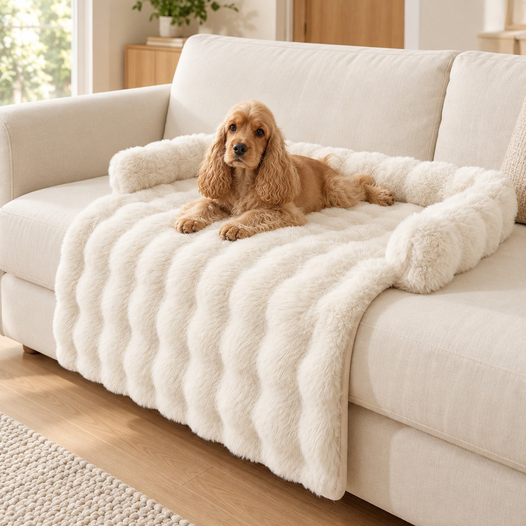 Cocker anglais sable couché sur le couvre canapé blanc ivoire installé sur un canapé crème.