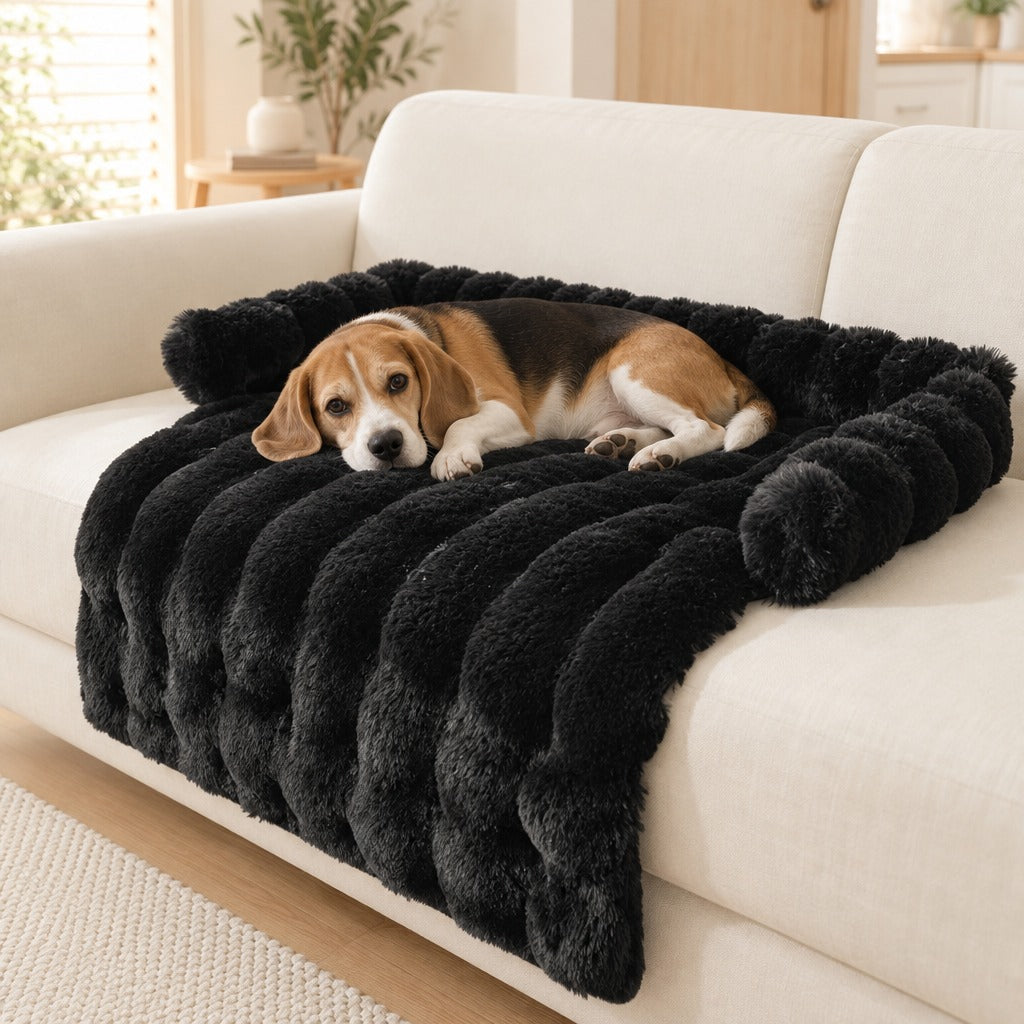 Beagle couché sur le couvre canapé noir posé sur l'assise d'un canapé crème.