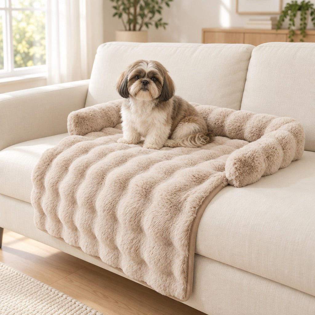 Shih Tzu assis sur le couvre canapé beige installé sur un canapé crème près d'une fenêtre.
