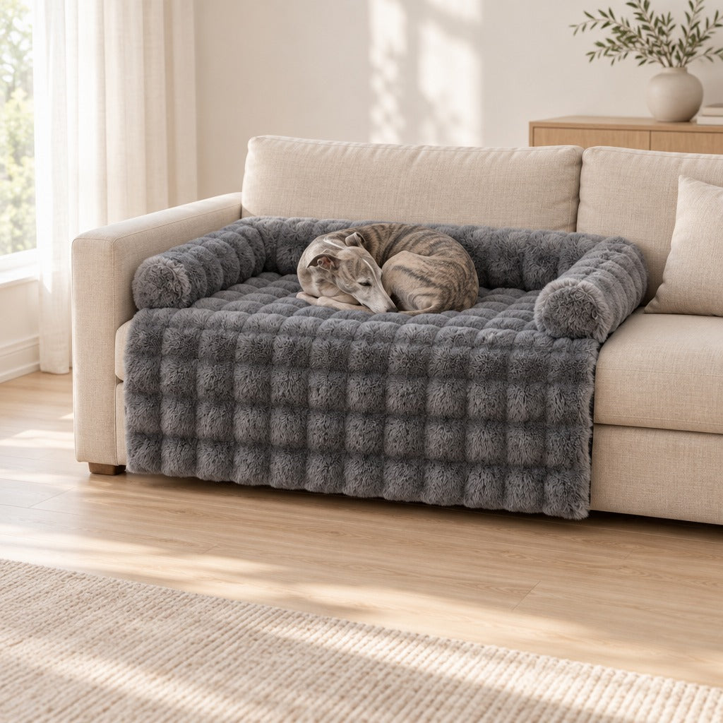 Whippet roulé en boule sur le couchage de canapé gris anthracite installé sur un canapé clair dans un salon lumineux.