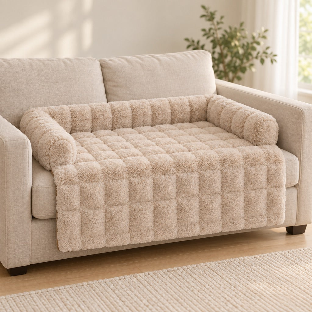 Le couchage de canapé beige sable seul sur un canapé clair, vu de trois quarts, le tablier retombant sur la façade.