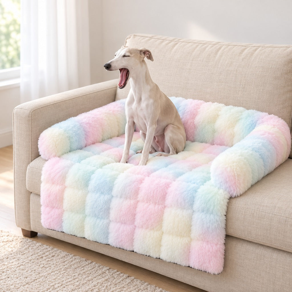 Whippet à la robe blanche crème bâillant, assis sur le couchage de canapé multicolore pastel.