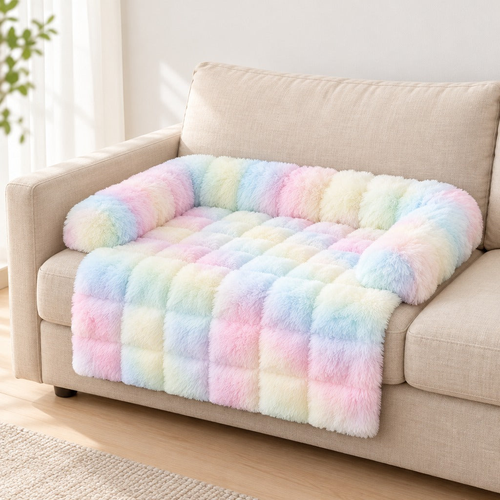 Le couchage de canapé multicolore pastel seul sur un canapé clair, vu de trois quarts, le tablier retombant sur la façade.