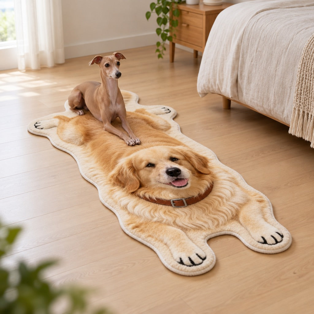 Tapis Golden poil long posé à plat dans une chambre claire, un lévrier italien fauve se tient dessus.