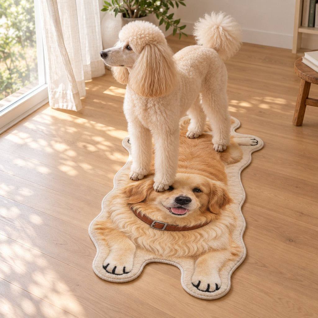 Tapis Golden poil long vu en entier près d'une fenêtre, un caniche royal crème debout dessus, la tête tournée vers la lumière.