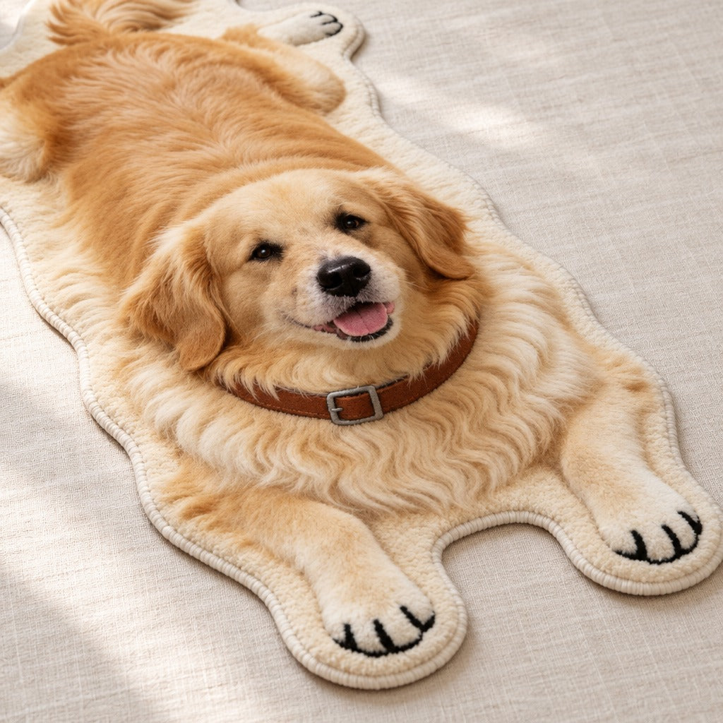 Gros plan sur la tête imprimée du golden retriever, le poil et le liseré ivoire du tapis Golden poil long.