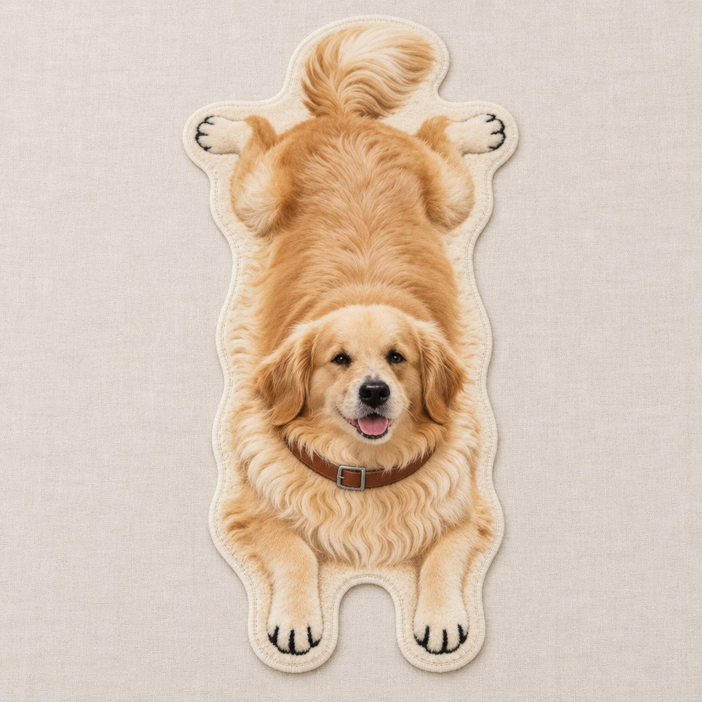 Tapis Golden poil long vu de dessus en entier, silhouette de golden retriever découpée sur fond de lin clair.