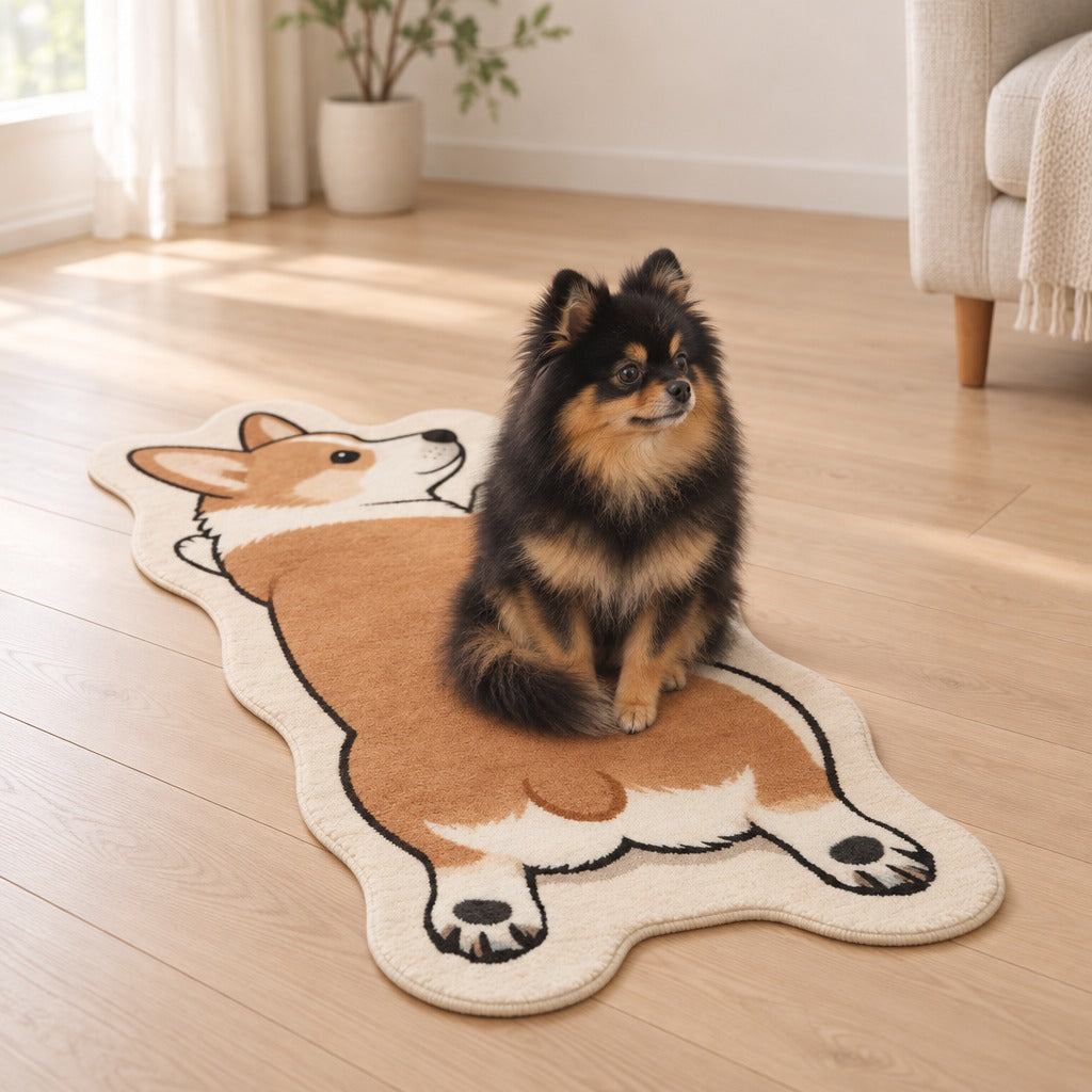 Tapis Corgi fauve posé dans un salon clair, un spitz nain noir et feu assis dessus.