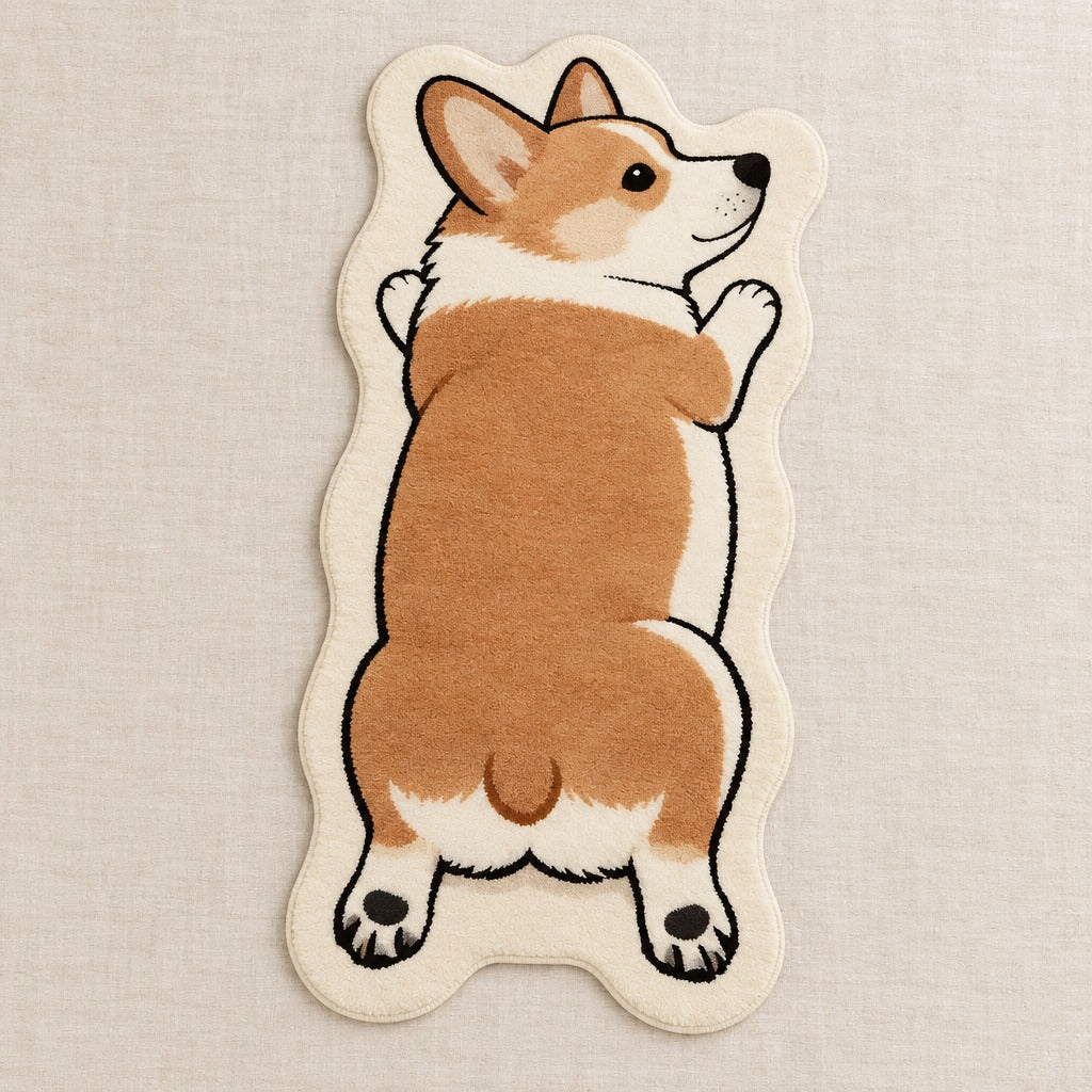 Tapis Corgi fauve vu de dessus en entier, silhouette de corgi découpée sur fond de lin clair.