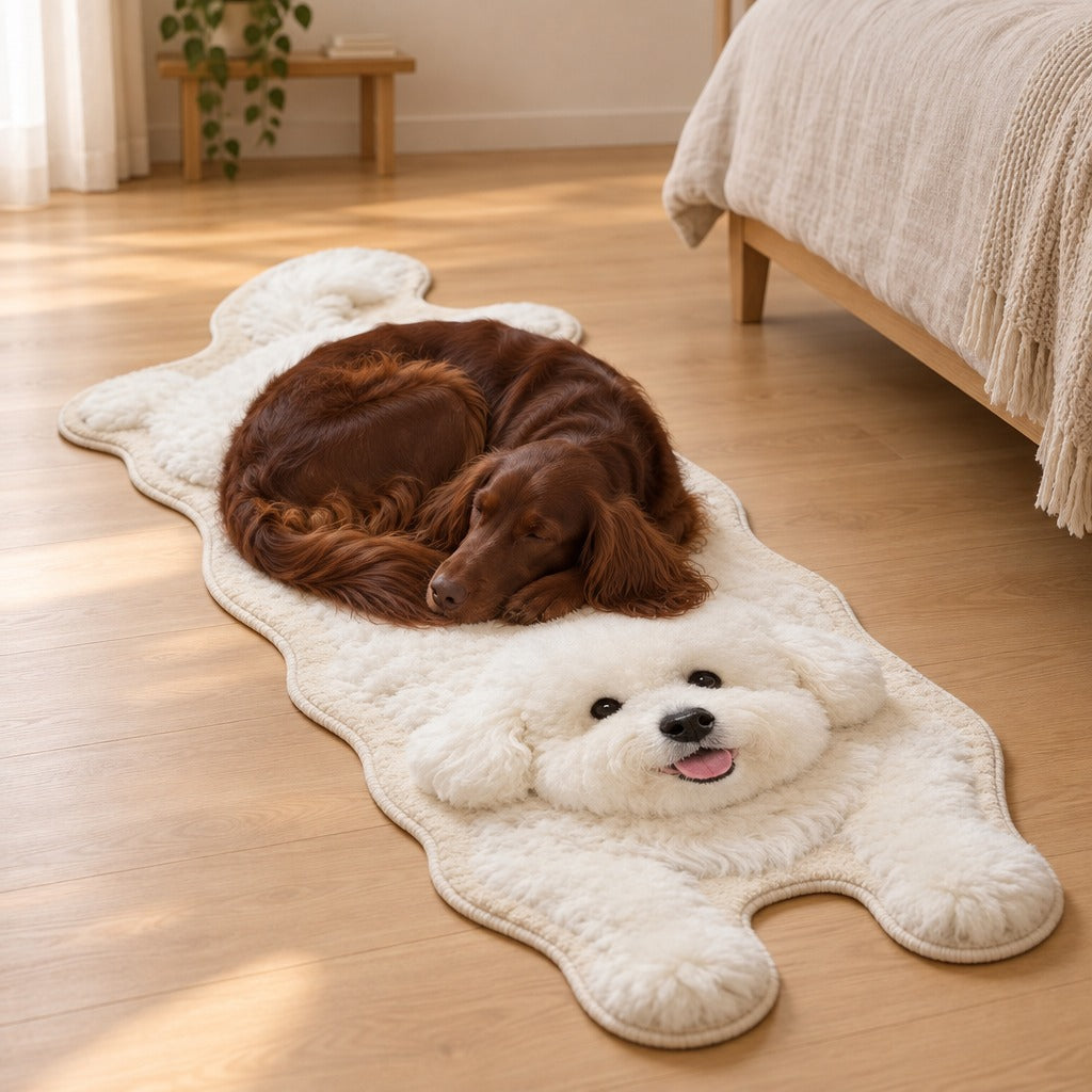 Tapis Bichon blanc posé dans un coin de chambre, un setter irlandais chocolat roulé en boule dessus.