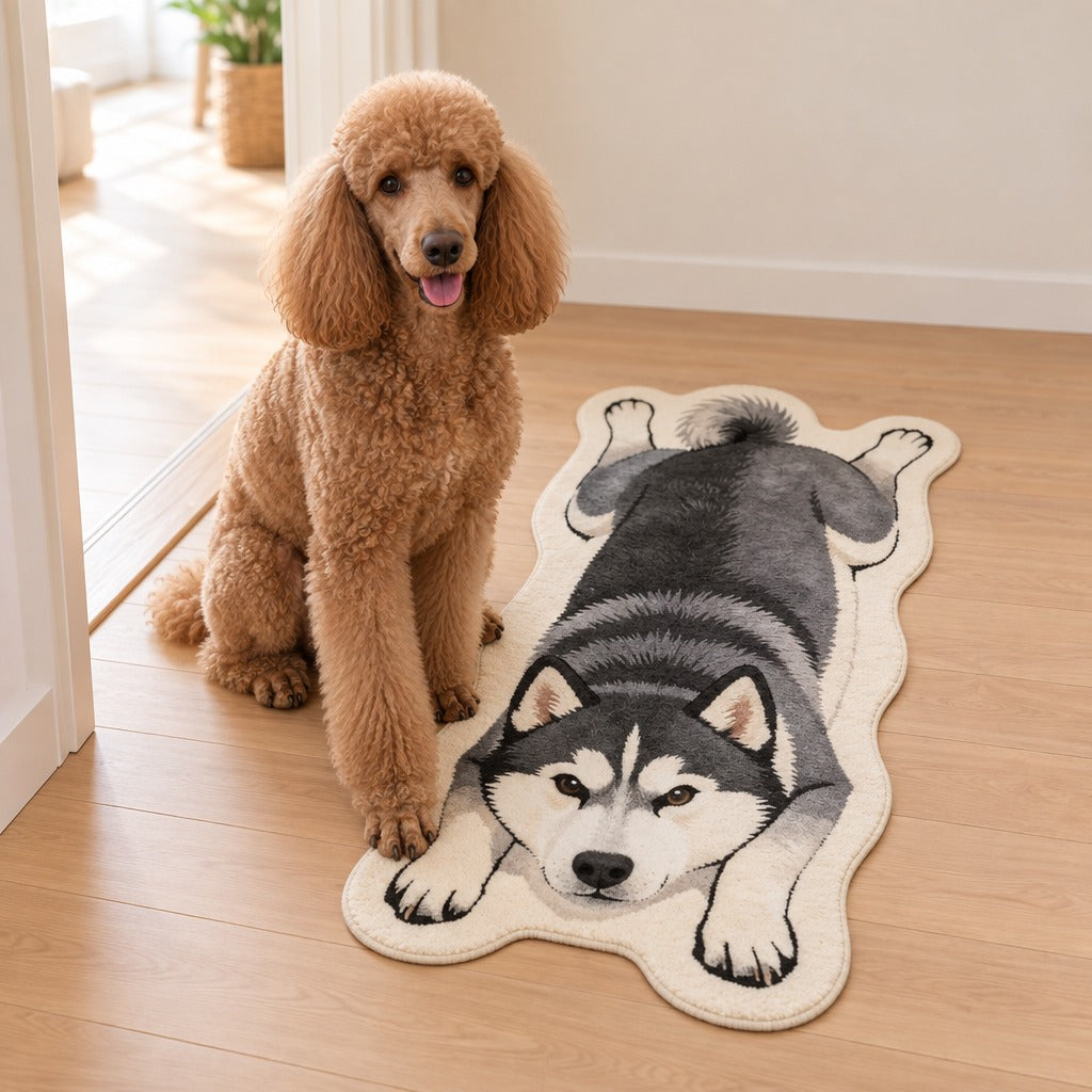 Tapis Husky gris posé à l'entrée d'un salon, un caniche royal fauve assis à côté, une patte sur le liseré ivoire.