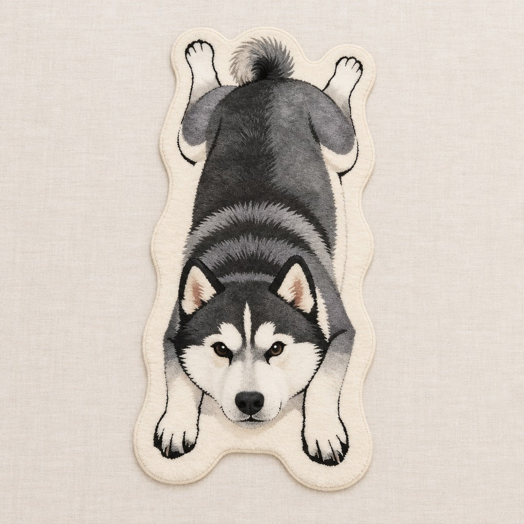 Tapis Husky gris vu de dessus en entier, silhouette de husky découpée sur fond de lin clair.