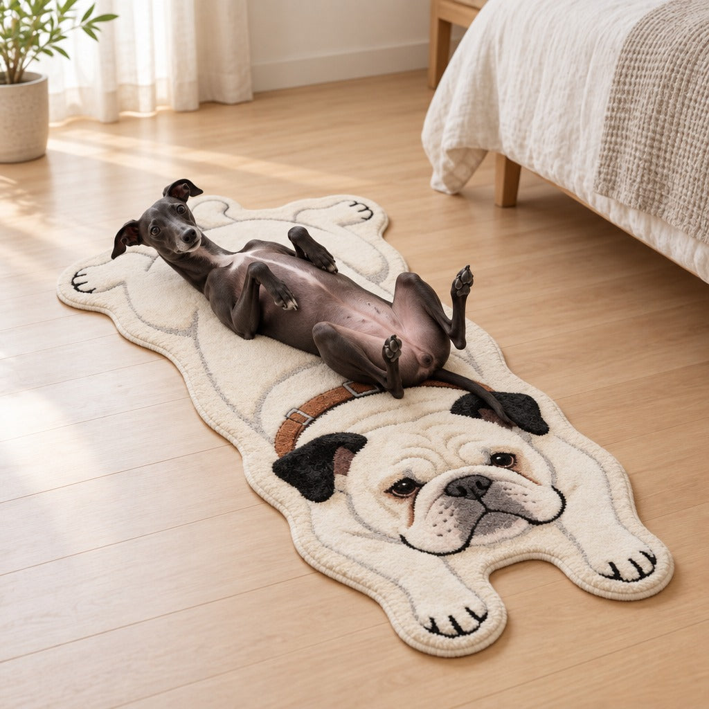 Tapis Bouledogue crème posé dans une chambre claire, un lévrier italien noir sur le dos dessus.