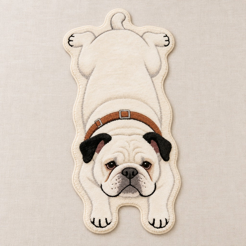Tapis Bouledogue crème vu de dessus en entier, silhouette de bouledogue découpée sur fond de lin clair.