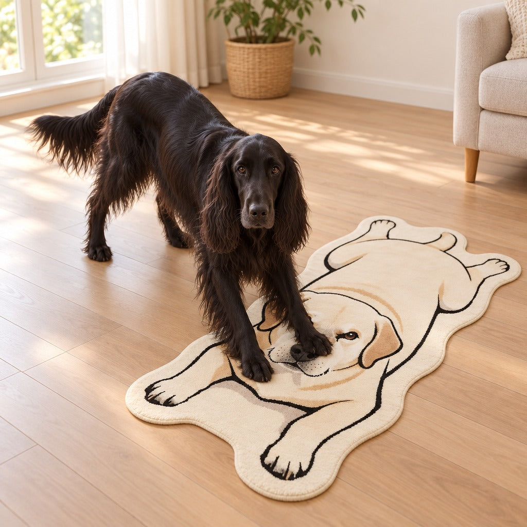 Tapis Labrador crème posé dans un salon lumineux, un setter irlandais noir qui pose ses pattes avant dessus.
